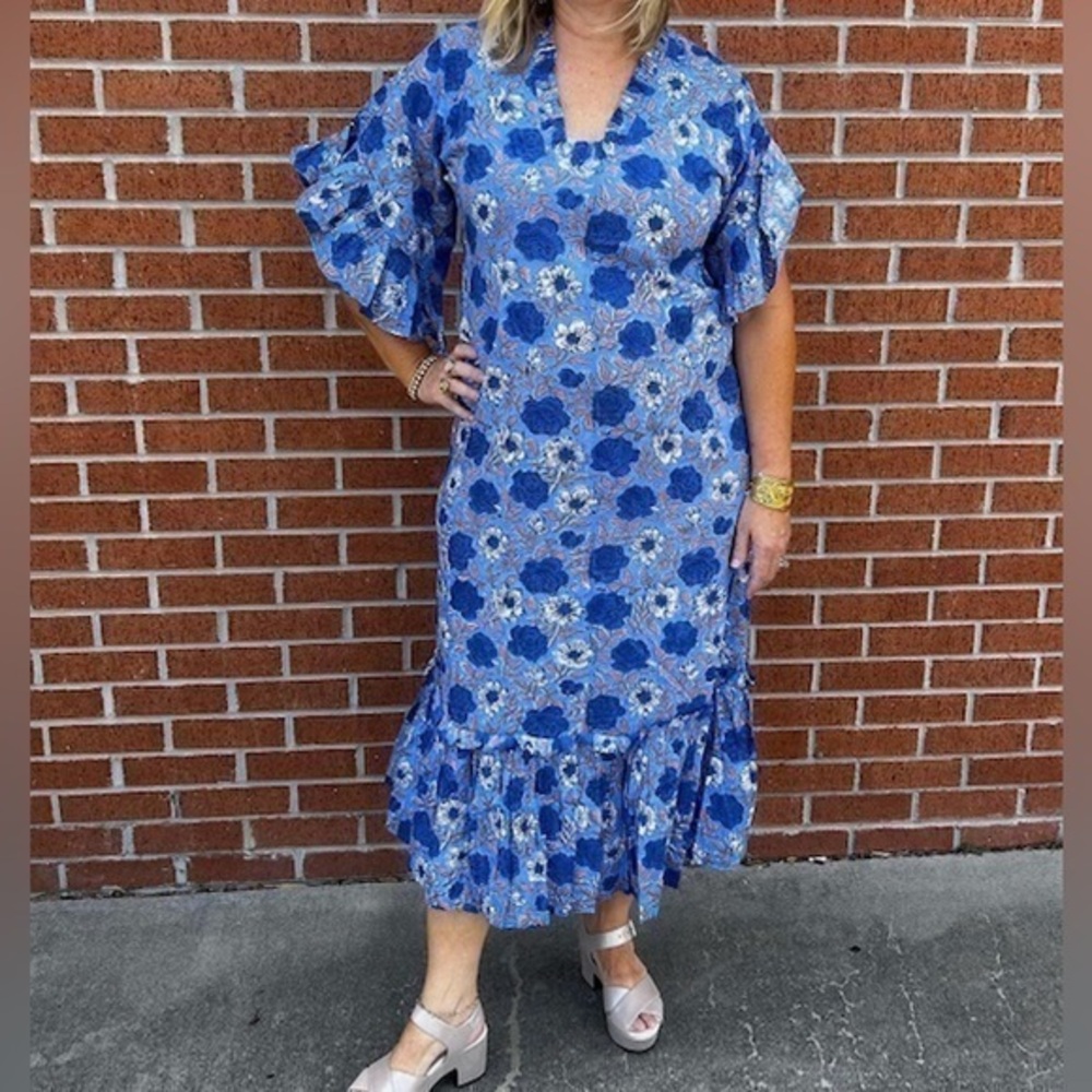 Fitzroy & Willa Dress Soleil Flutter Sleeve Maxi Dress Blue Floral Size XS